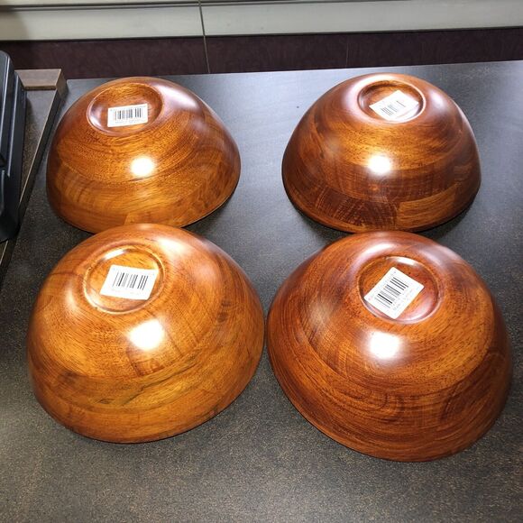 7 Piece Salad Set Cherrywood Large Wavy Salad Bowl with Servers 4 Indiv Bowls - Picture 11 of 14